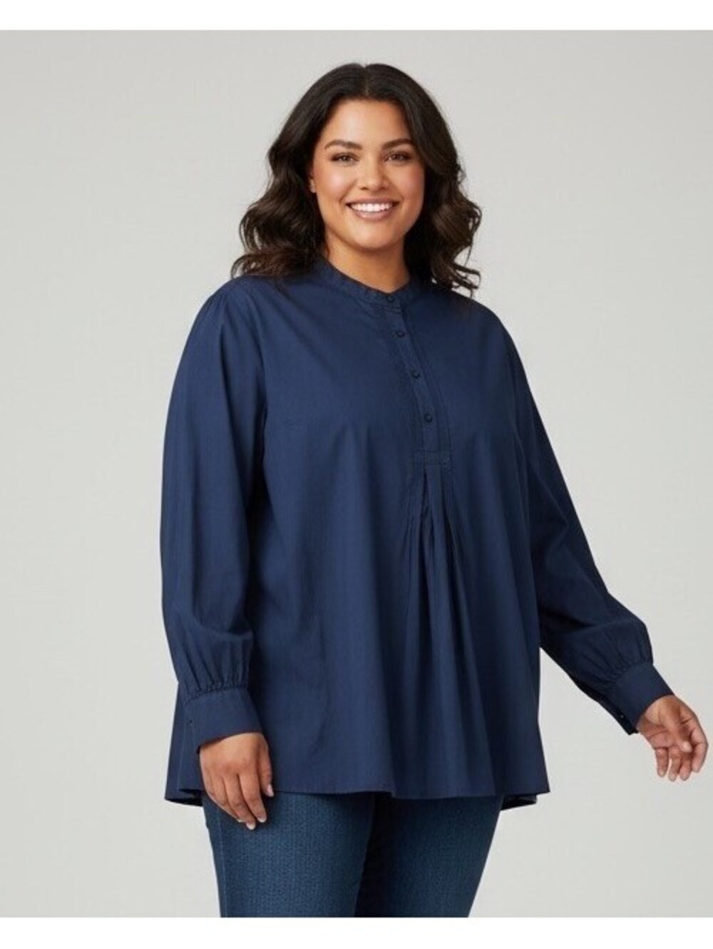 J Peterman Size XL Navy Long Billowed Sleeves Pintucks Top Tunic Cotton Vintage
